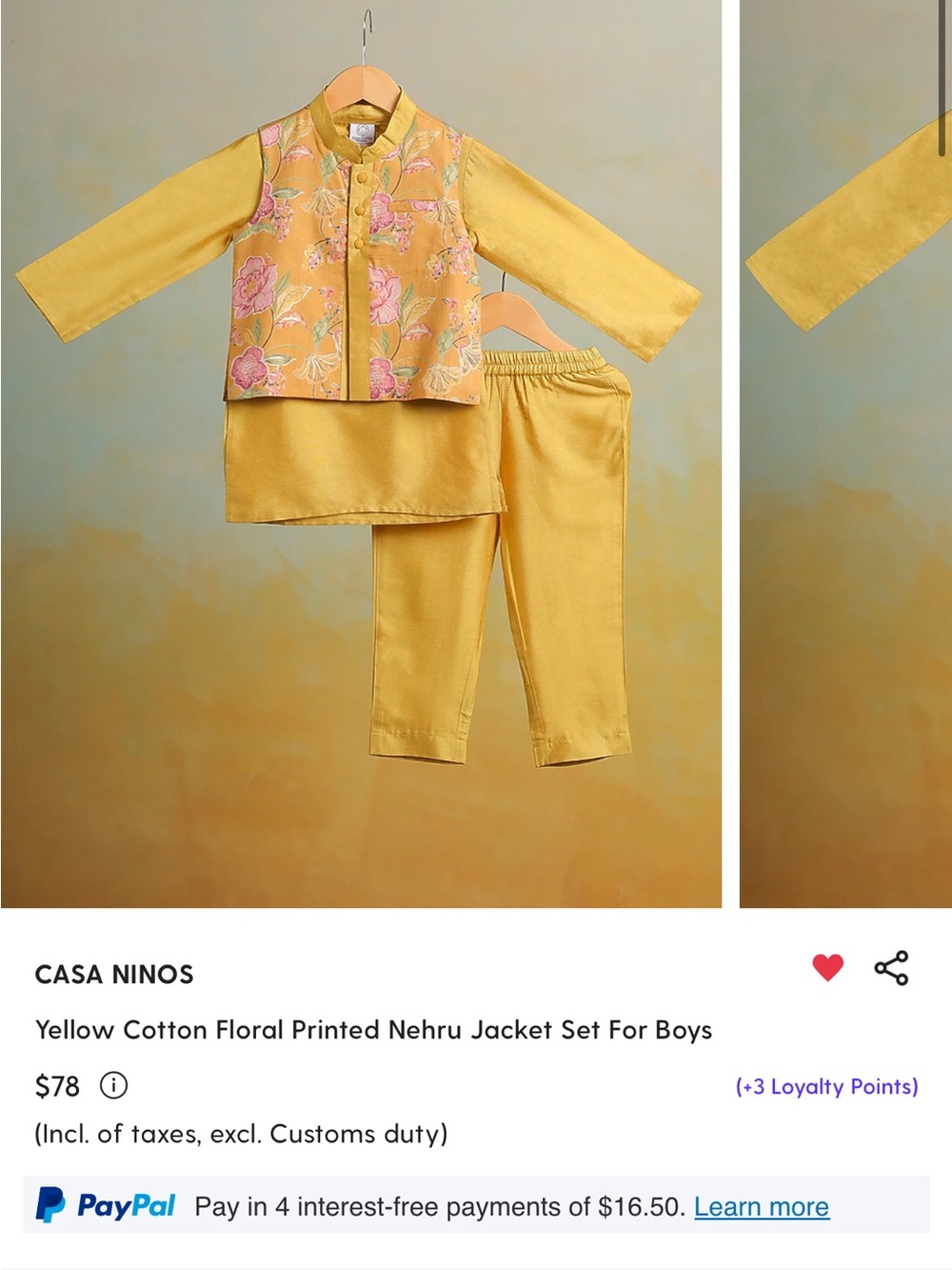 Casa Ninos Yellow Floral Nehru Pajama Set for Kids